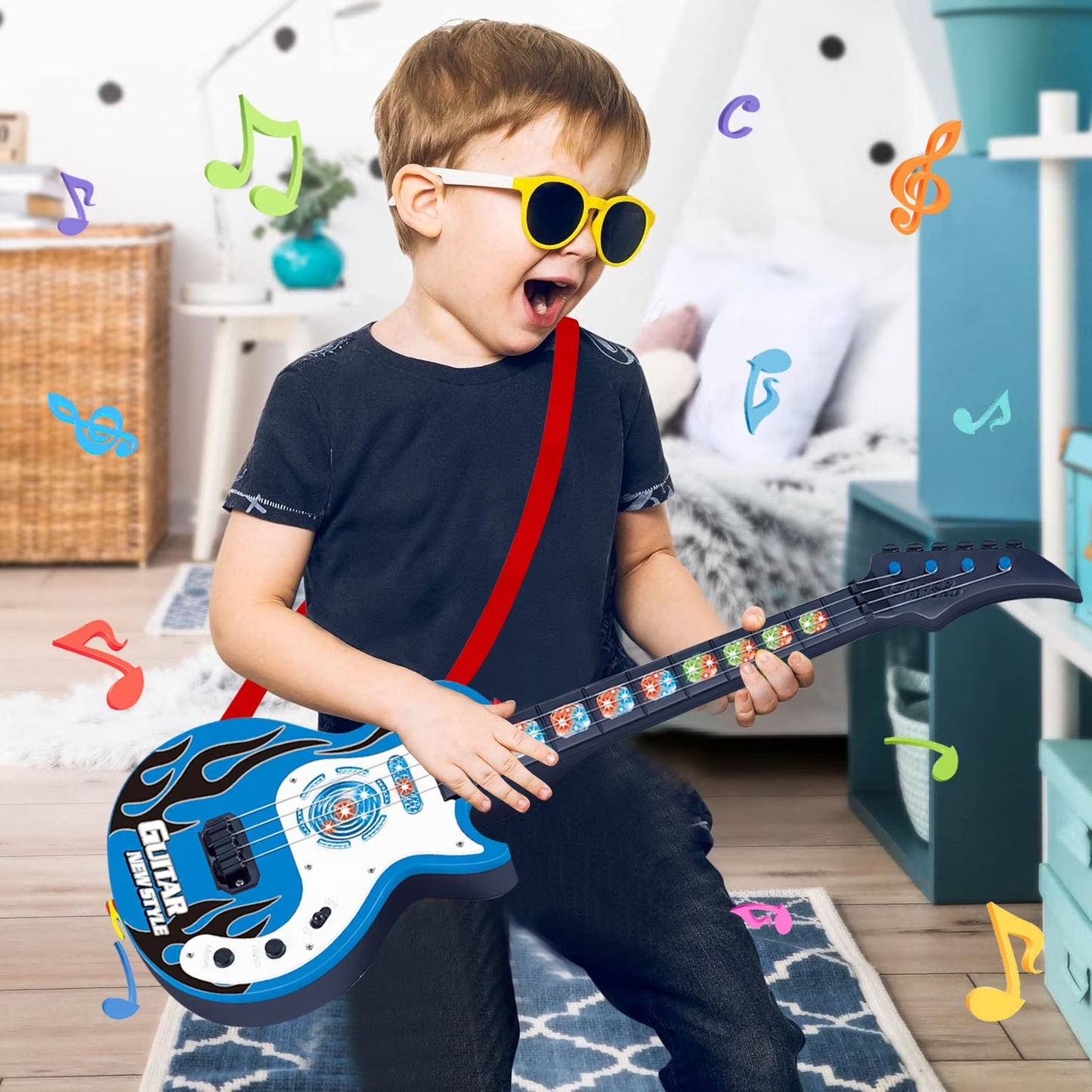 Instrument Guitar Toys for Boys 3-5,Guitar Toys with Music&Lights for Toddler Boys Aged 3 4 5 Years Old Birthday Gifts(Blue)