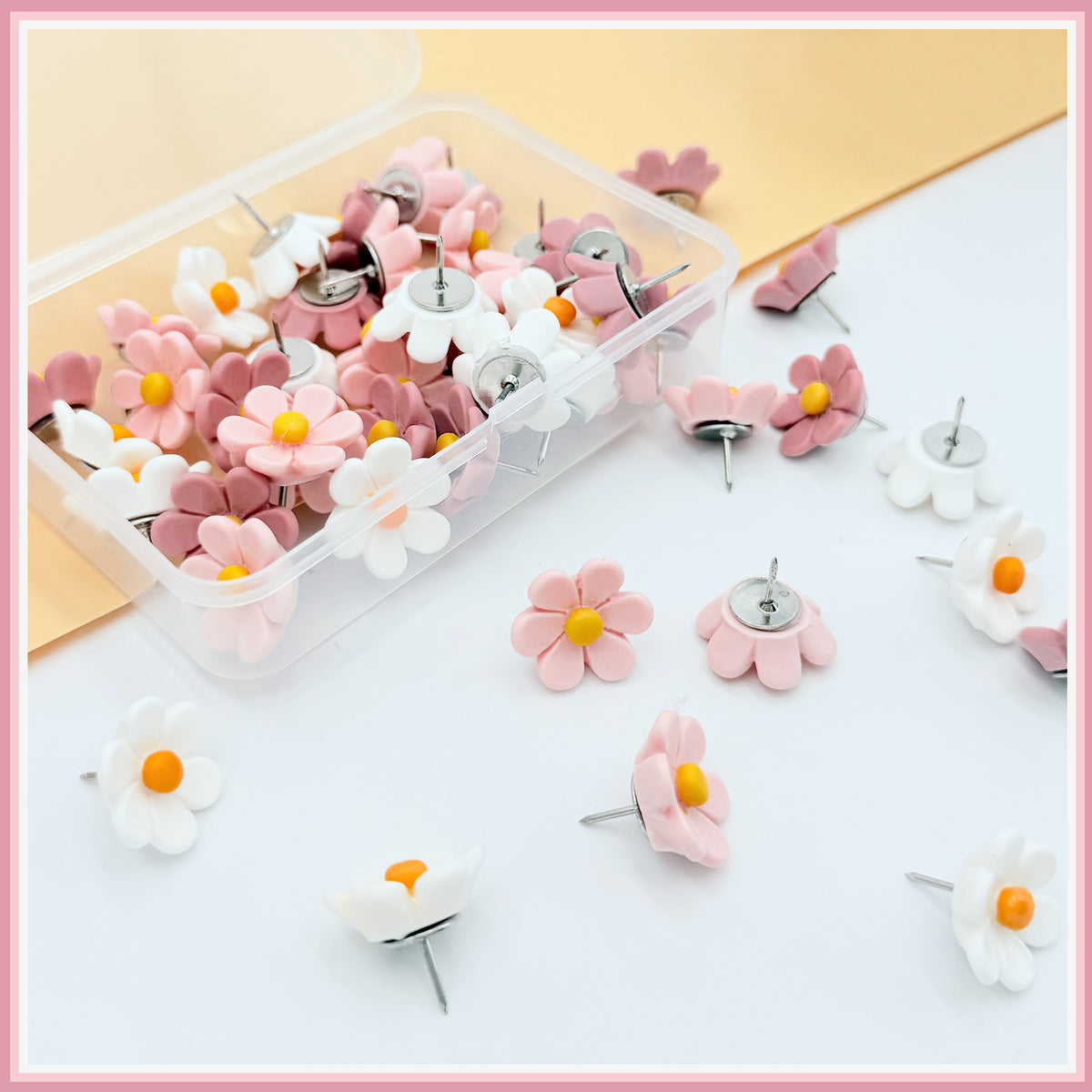 50 Pcs Boxed Pink White Flower Push Pins, Decorative Cute Wall Thumb Tacks for Cork Board, Bulletin Board, Hanging Photo Poster, Office Supplies