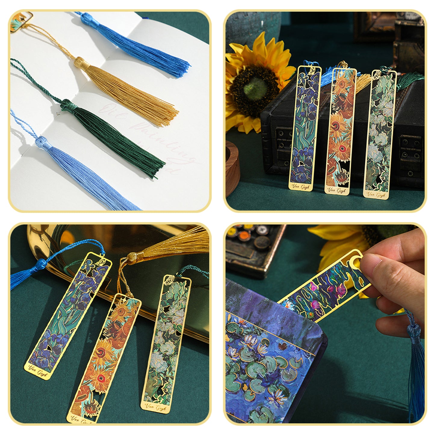 4 Pcs Metal Bookmarks with Tassel, Oil Painting Theme Book Markers for Bible Book Accessories, Golden Hollow Book Marks for Book Lovers, Reading Men Women, Writers, Readers