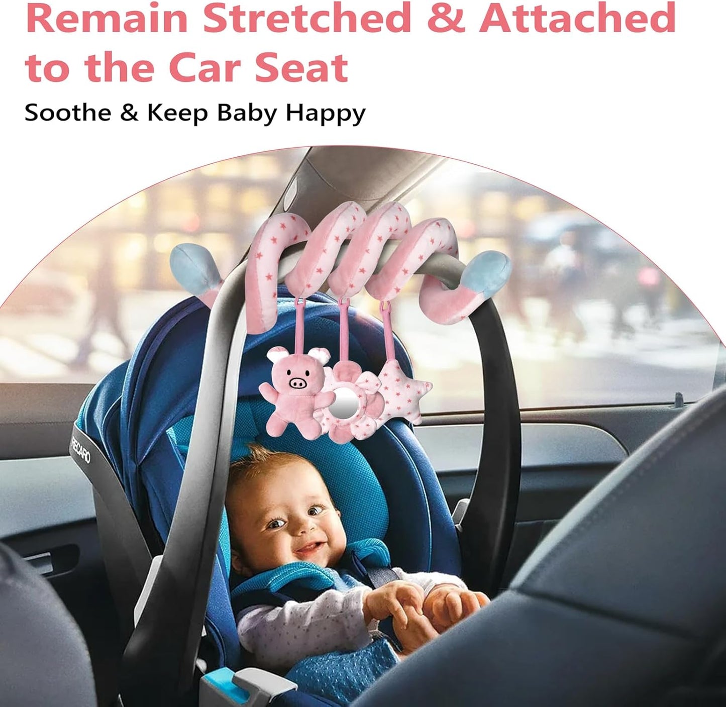 Car Seat Toys for Baby 0-6 Months, Pink Piggy Spiral Plush Toy for Crib Carseat with Mirror Rattles Baby Essentials
