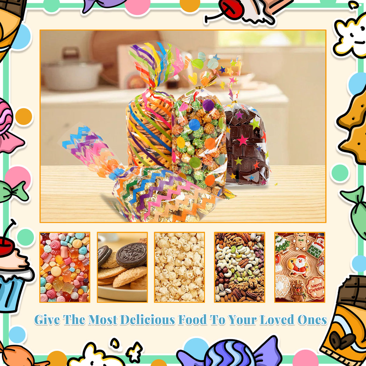 100 Pcs Transparent Rainbow Colors Cellophane Treat Bags with Gold Twist Ties, 10.6" x 4.9" Plastic Candy Cookie Snack Goodie Gift Bags for Party Favors