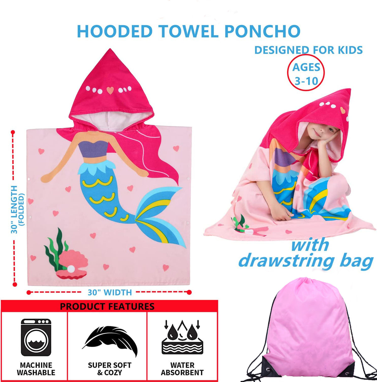 Bath Towel for Kids, Beach Towels for Kids Hooded Beach Towels Poncho for 3-6 Years Girls(Pink)