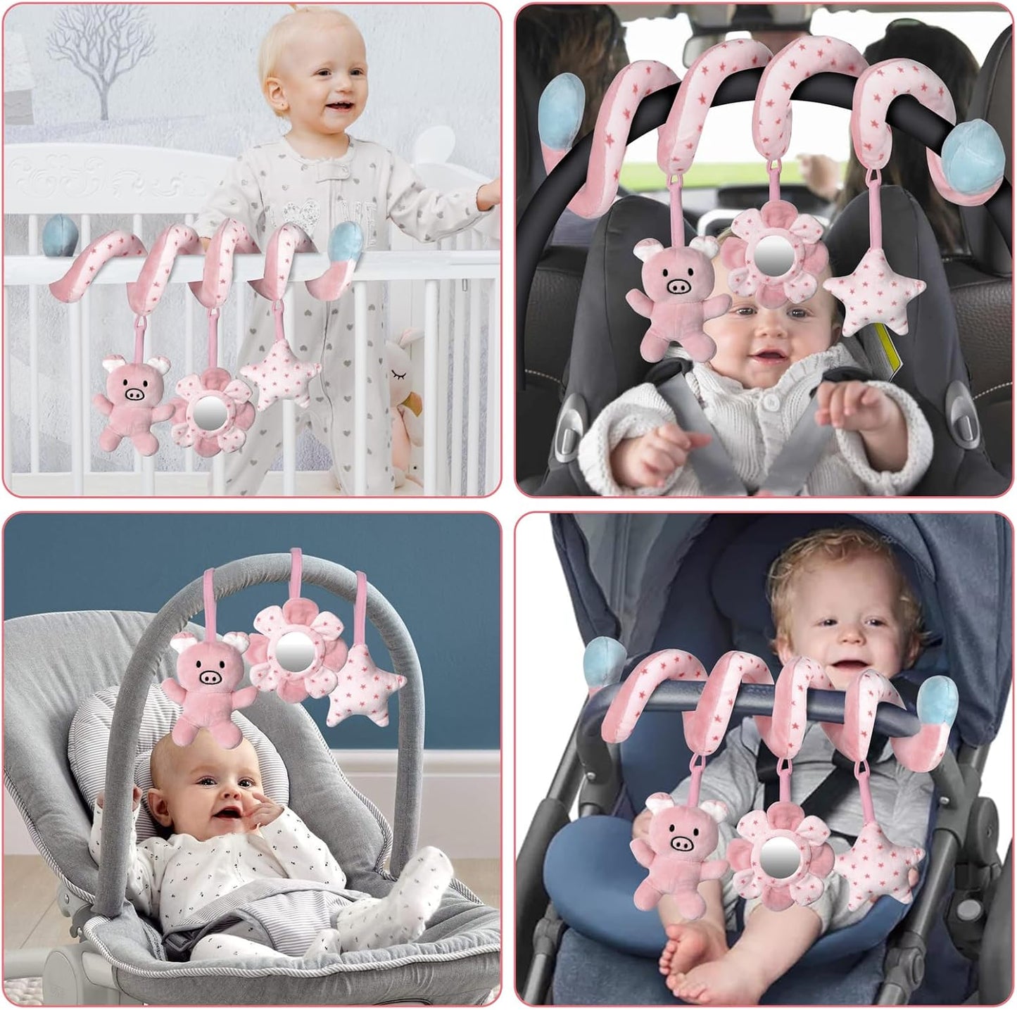 Car Seat Toys for Baby 0-6 Months, Pink Piggy Spiral Plush Toy for Crib Carseat with Mirror Rattles Baby Essentials