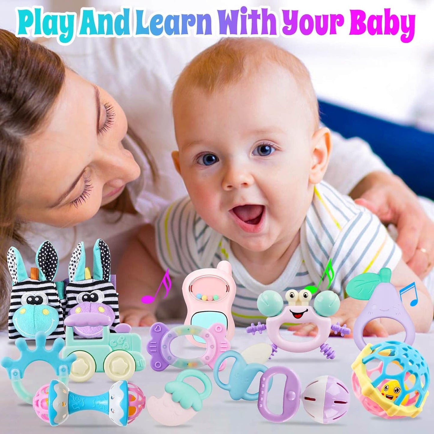 Baby Toys 6-12 Months - 15 PCS Teether Rattle Sensory Toy for 3-6 Month Baby Boy Girl Christmas Gifts Wrist Socks for Baby Shower Gift