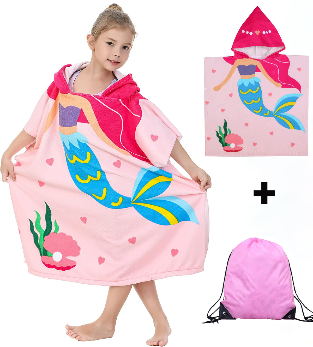 Bath Towel for Kids, Beach Towels for Kids Hooded Beach Towels Poncho for 3-6 Years Girls(Pink)
