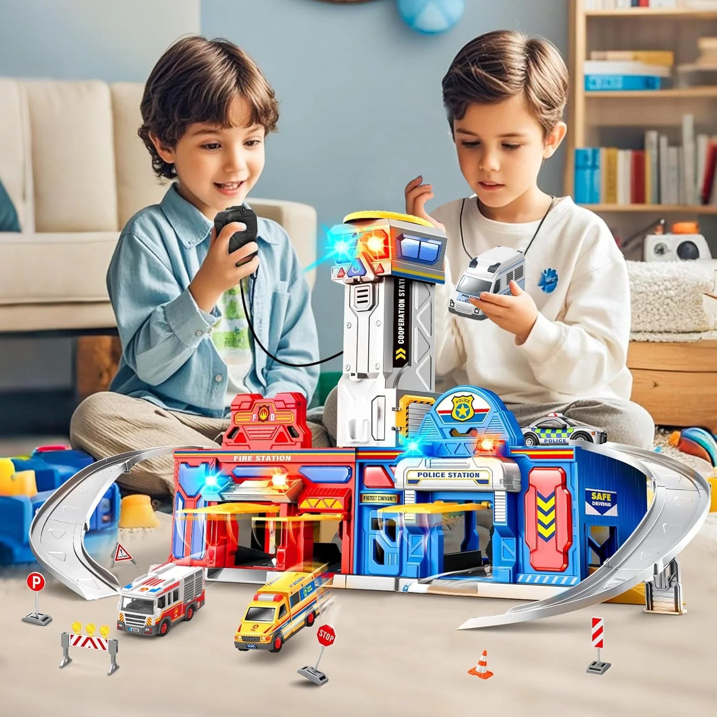 Toddler Toy for 5 Year Old Boys, Police & Fire Station Transform Track Toy with 4 Cars, Birthday Gifts Boys Toys Ages 3-5, 5-7