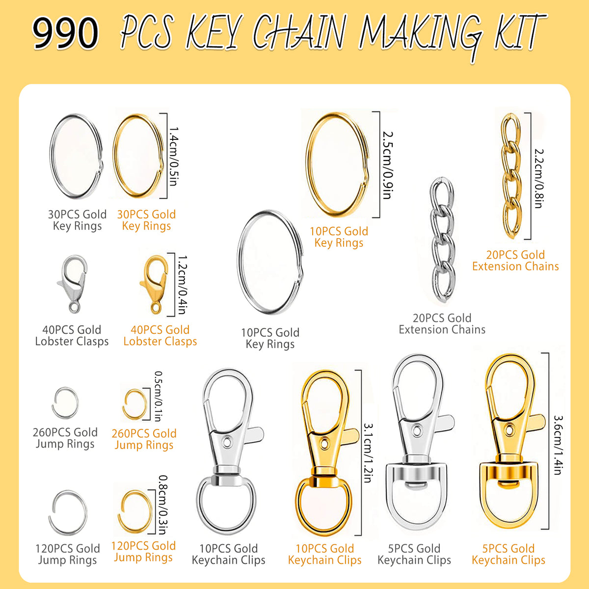 990 Pcs Boxed Metal Keychain and Jewelry Making Kit, Including Hooks, Lobster Clasps, Key Rings and Jump Rings for Craft Supplies (Silver, Gold)