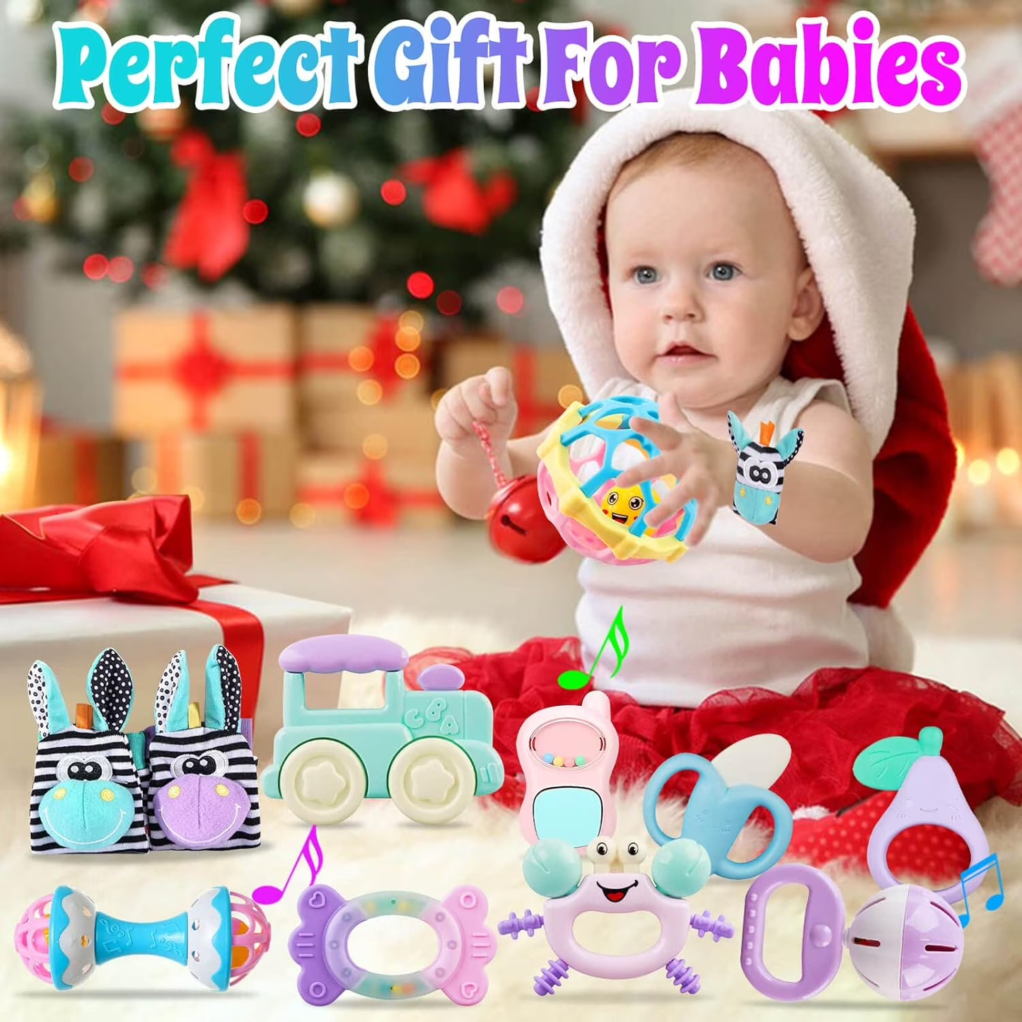 Baby Toys 6-12 Months - 15 PCS Teether Rattle Sensory Toy for 3-6 Month Baby Boy Girl Christmas Gifts Wrist Socks for Baby Shower Gift