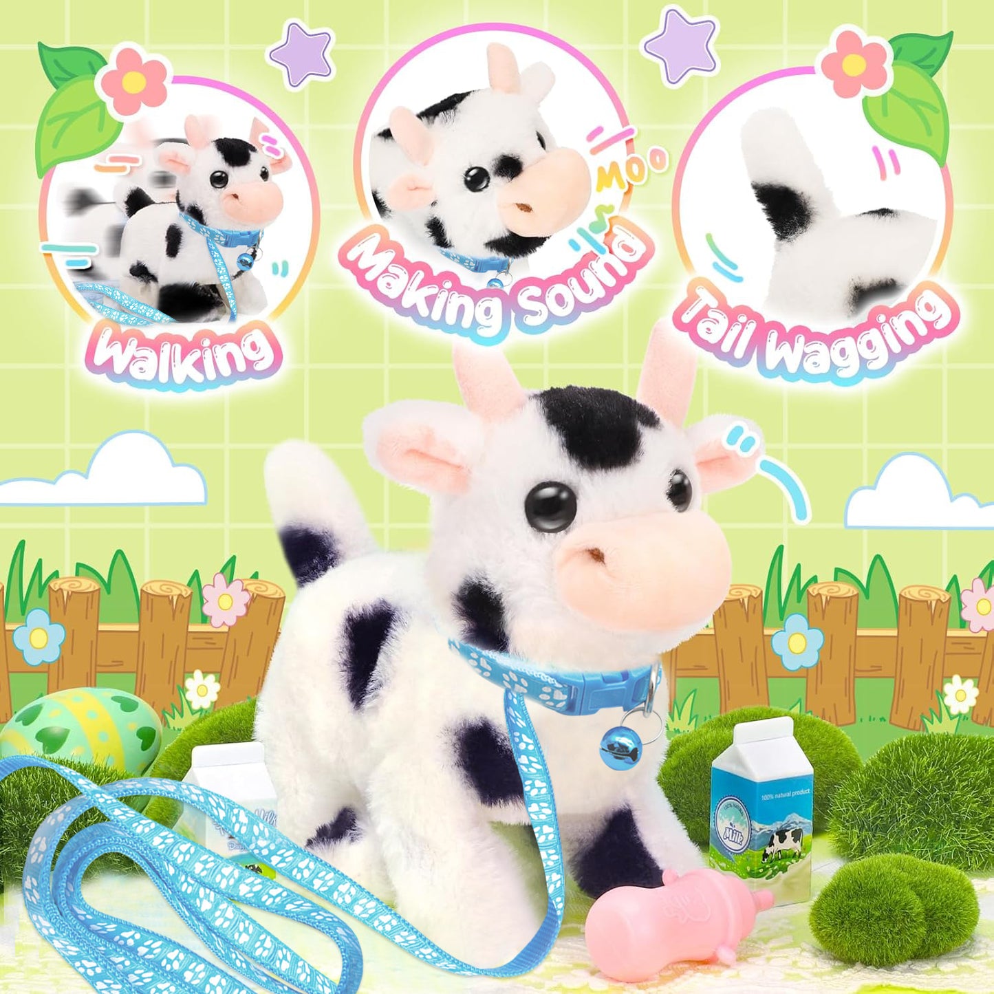 Plush Walking Cow Toy for Kids,Walking Plush Toys for Toddler 2 Year Old Birthday Easter Gifts