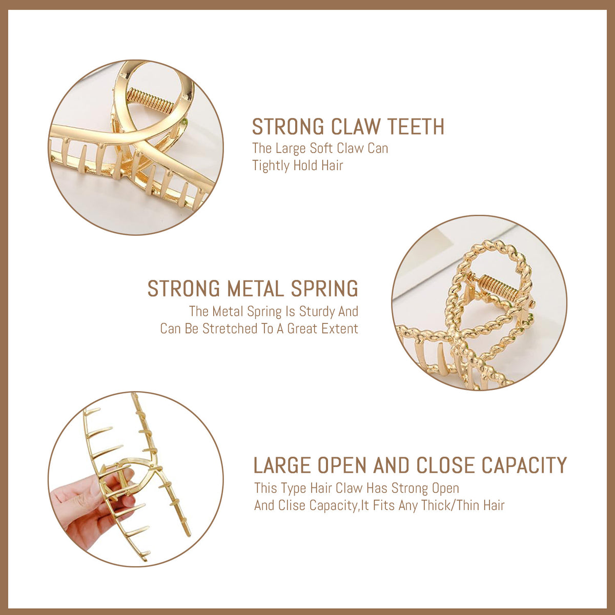 Style-Carry 6 Pcs Large Metal Hair Claw Clips for Thick Hair, Non-Slip Gold Color Jaw Clamps, Fashion Styling Hair Accessories for Women Girls