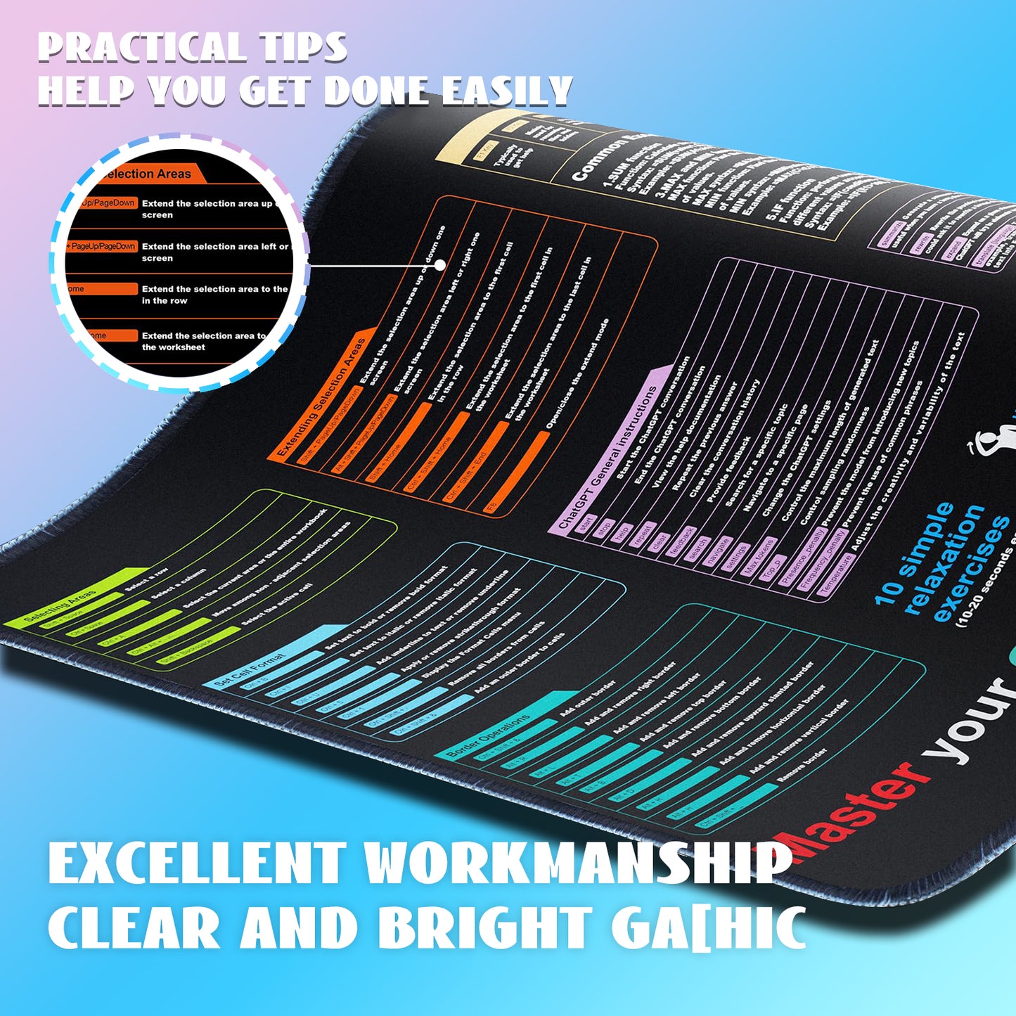Excel Cheat Sheet Desk Mat, Large XL Waterproof Keyboard and Mouse Pad with Excel Shortcuts, Gaming Accessories for Computer Desk, 31.5×11.8 Inches