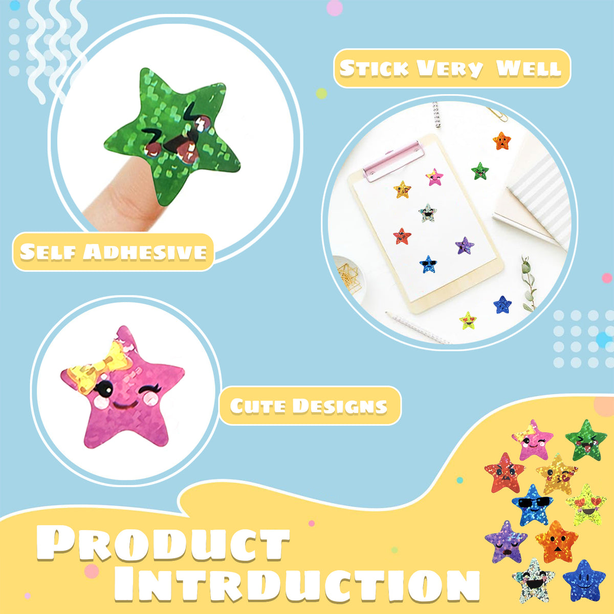 2 Rolls 1000 Pcs Star Expression Stickers for Reward, 1 inch 10 Colors Sparkly Foil Holographic Face Stickers, for Crafts Teacher Essential Supplies