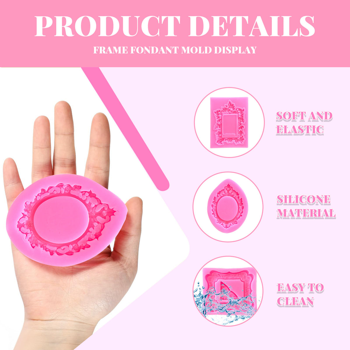 6 Pcs Pink Baroque Photo Frame Silicone Molds, Mini Frame and Corner Molds for Polymer Clay, Chocolate, Cupcake Topper, Cake DIY Craft Decoration