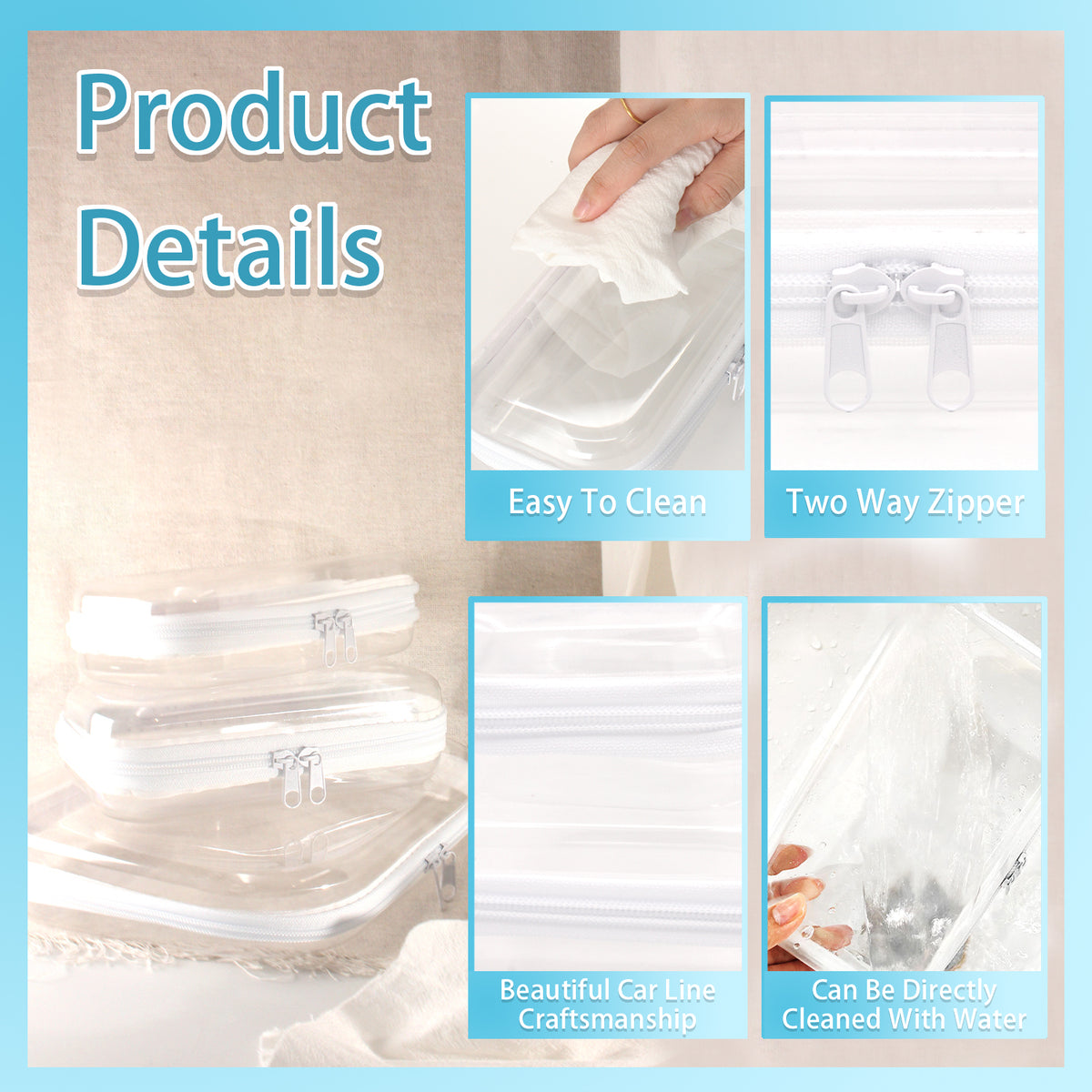 3 Pcs Clear Hard Shell Zipper Case, Transparent Waterproof Makeup Bag, Portable Travel Storage Organizer Pouch for Toy, Cosmetics, Stationery (2 Sizes)