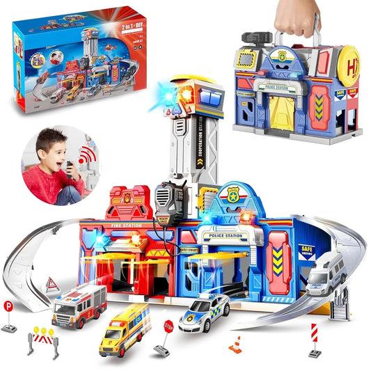 Toddler Toy for 5 Year Old Boys, Police & Fire Station Transform Track Toy with 4 Cars, Birthday Gifts Boys Toys Ages 3-5, 5-7