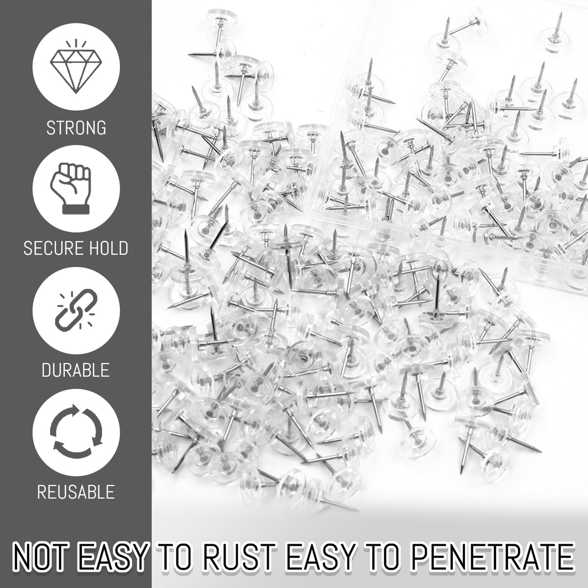 Style-Carry 250 PCS Clear Plastic Flat Top Push Pins, Transparent Round Head Steel Thumb Tacks for Cork Board Photo Wall Hanging Office Home Decor and Office Organization