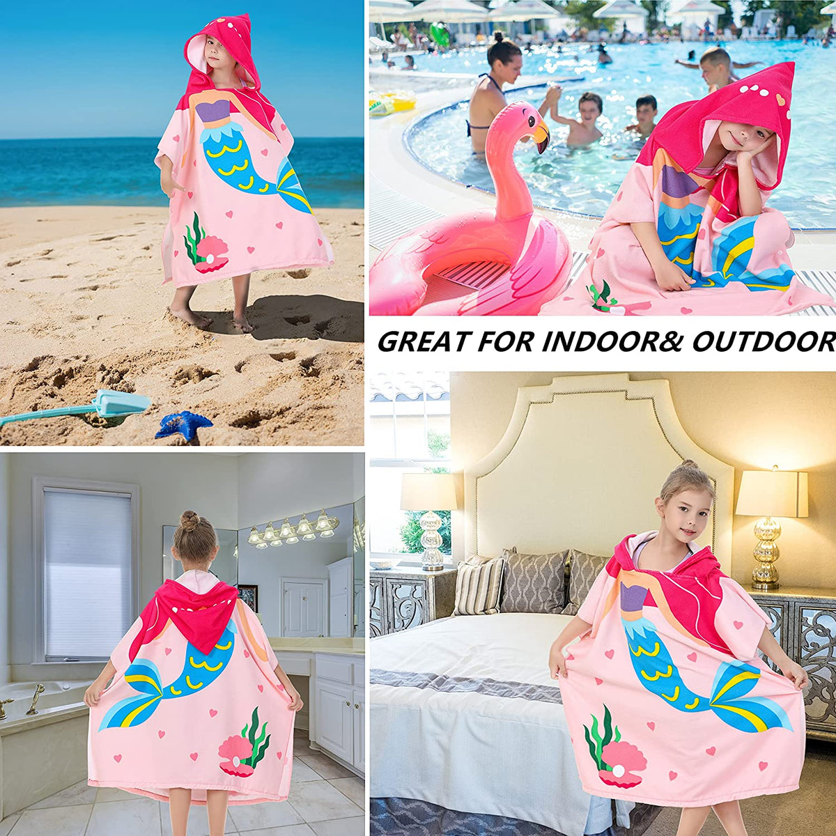 Bath Towel for Kids, Beach Towels for Kids Hooded Beach Towels Poncho for 3-6 Years Girls(Pink)