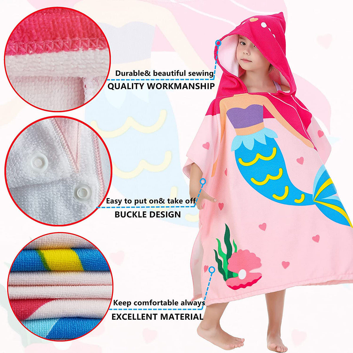 Bath Towel for Kids, Beach Towels for Kids Hooded Beach Towels Poncho for 3-6 Years Girls(Pink)