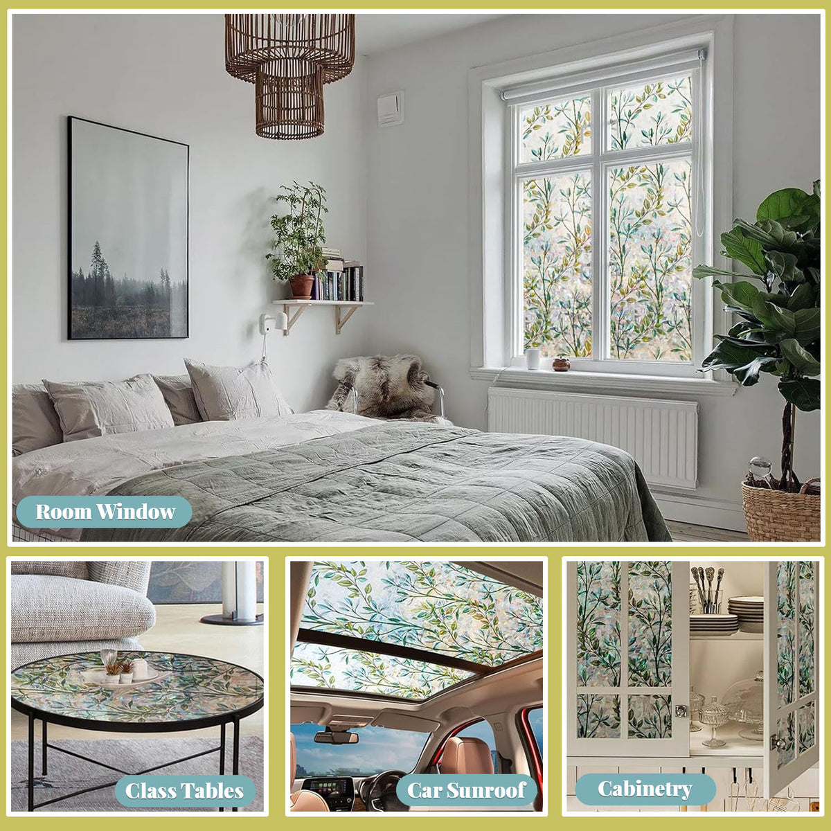 Window Film Privacy Covering, 3D Glue-Free Stained Glass Window Clings, Static Glass Sticker for Home, Green Leaves, 17.5" x 78.7" (45 x 200cm)