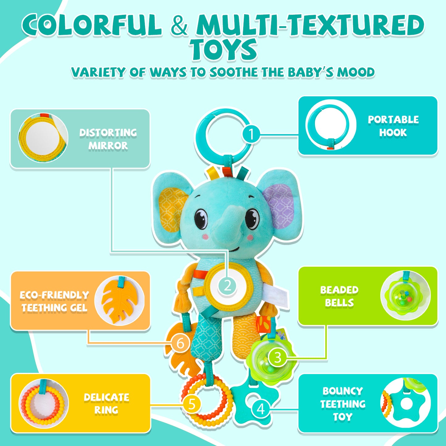 Sensory Toys for Baby 3-6-12 Months, Toy for Carseat with Baby Mirror Teether Rattles, Christmas Easter Gifts for 6-12 Months Baby Boys Girls