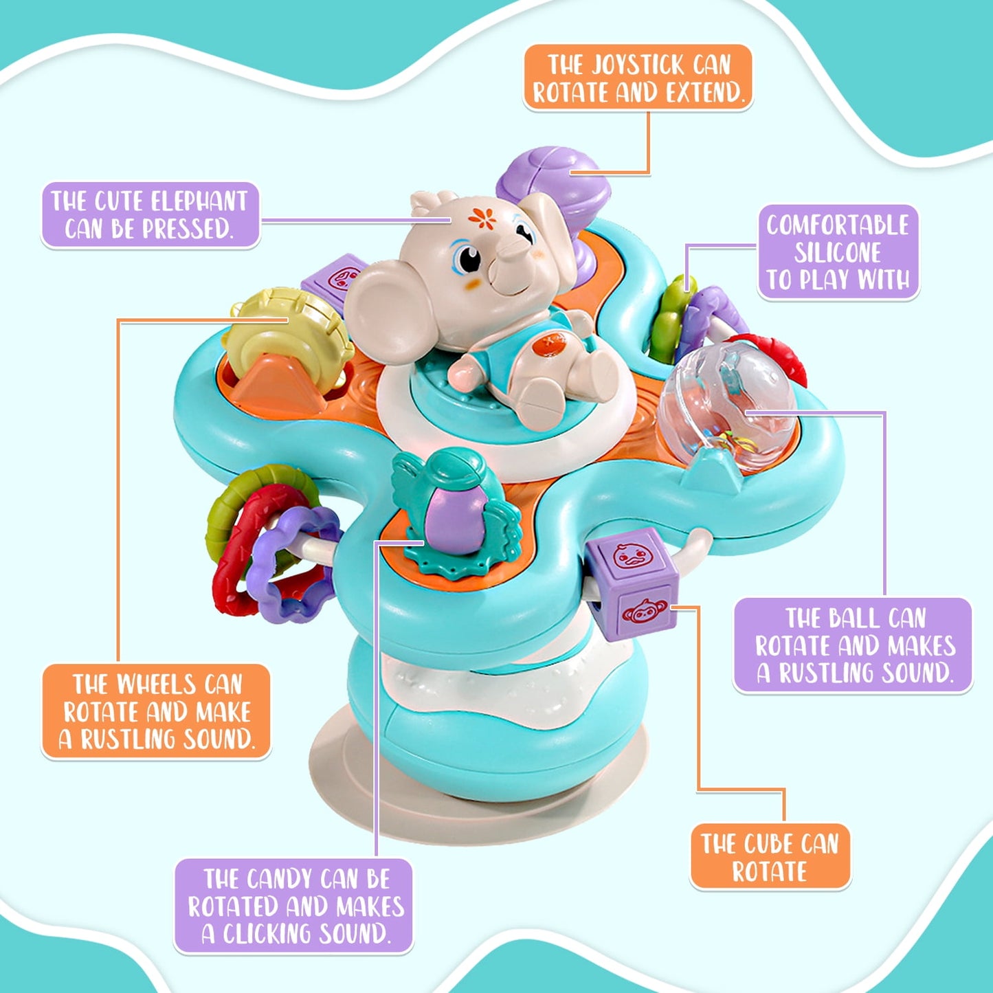 Sytle-Carry Baby Toys 6-12 Months, Suction Toys for High Chair, Sensory Toys for 0-6 Months, Infant Montessori Toys for 1 Year Old, Elephant