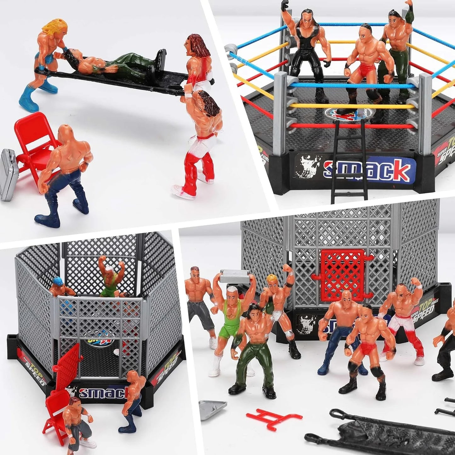 34PCS Wrestling Toys for Kids - Action Figures For Boys Age 3-12 - Wrestler Warriors Toys, 12 Wrestling Action Figures, 2 Wrestling Ring, 20 Realistic Accessories for Birthday Gift Cake Toppers