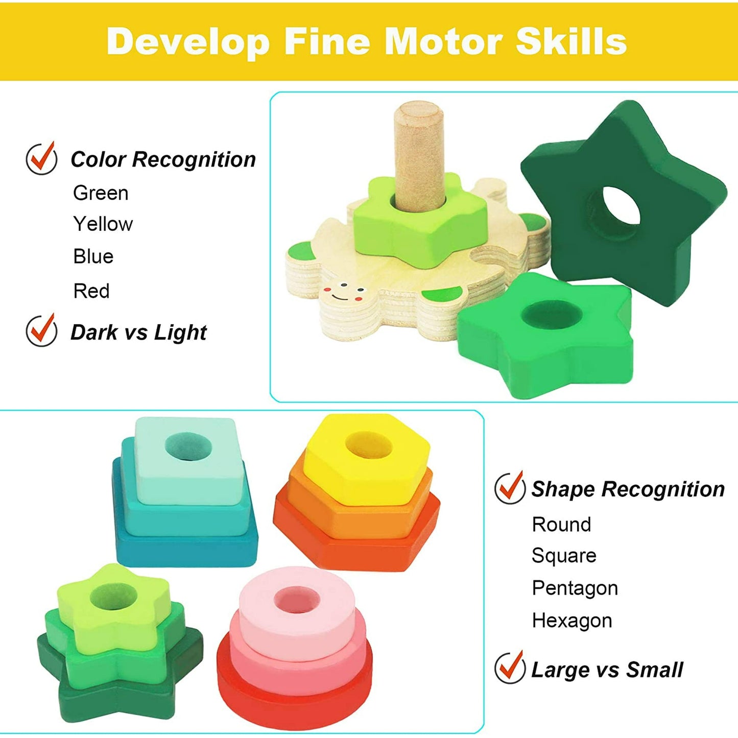 Stacking Toys for Toddlers 1-3 Montessori Shape Sorter Baby Toys 12-18 Months Wooden Block Educational Puzzle Toys for Kids Girls Boys 1 2 3 4 Year Old Preschool Learning Gifts