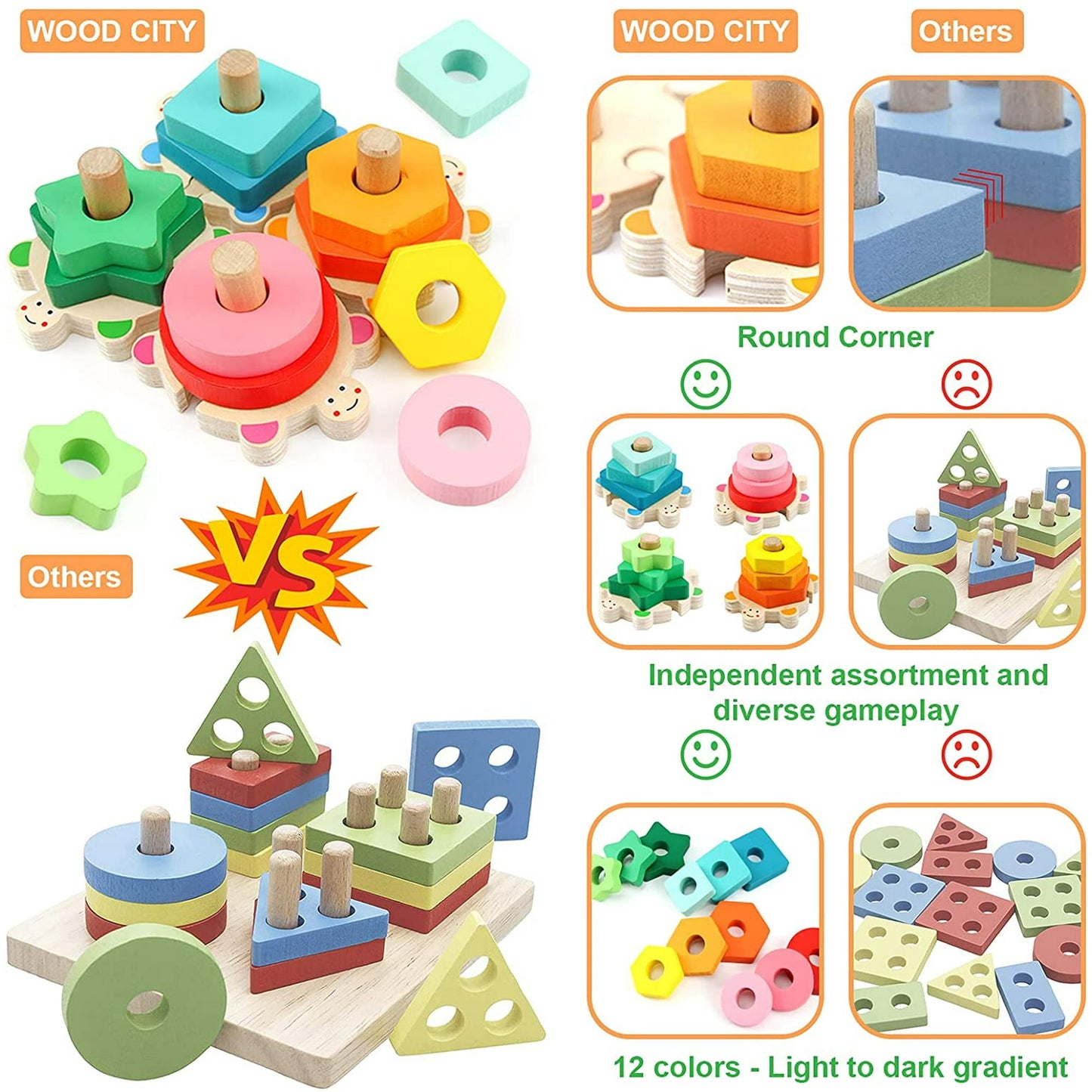 Stacking Toys for Toddlers 1-3 Montessori Shape Sorter Baby Toys 12-18 Months Wooden Block Educational Puzzle Toys for Kids Girls Boys 1 2 3 4 Year Old Preschool Learning Gifts