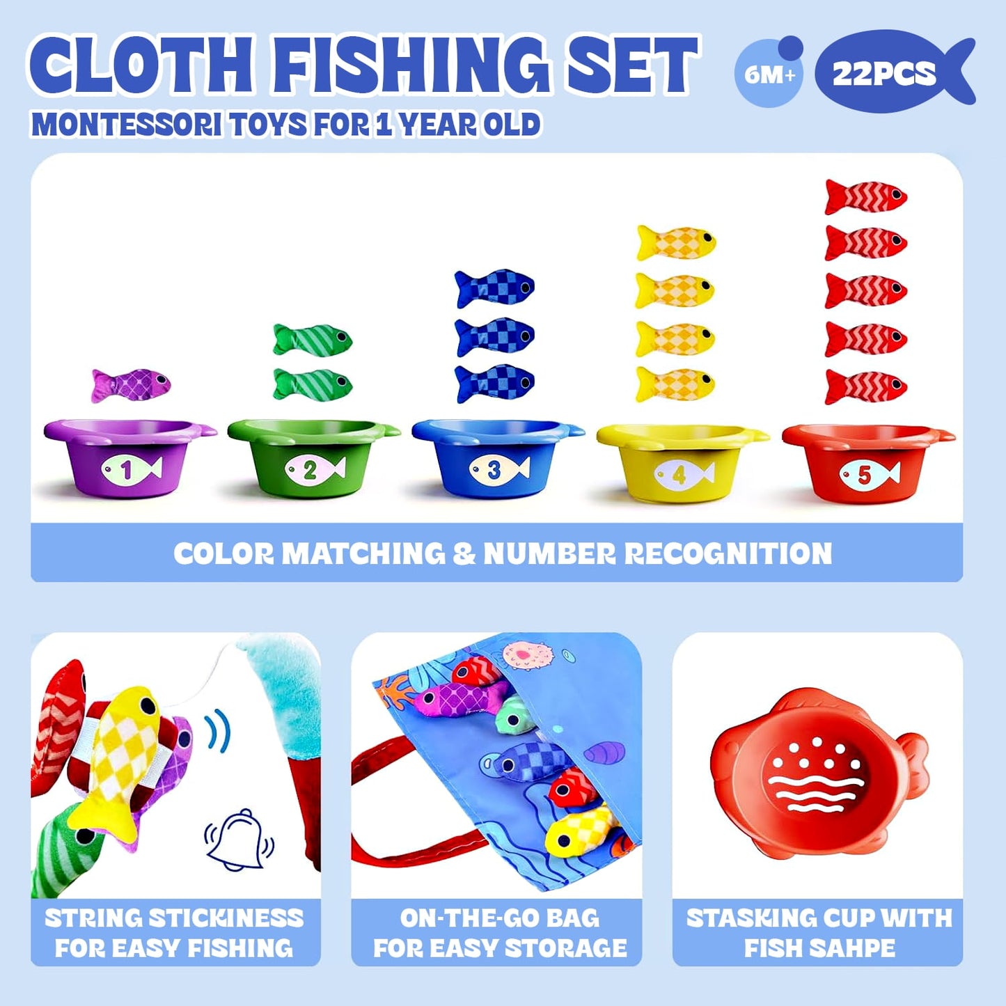 Montessori Toys for 1 Year Old Boy Girl, Cloth Fishing Game for Toddlers 1-3, Learning Toys, Baby Toys 6-12 Months