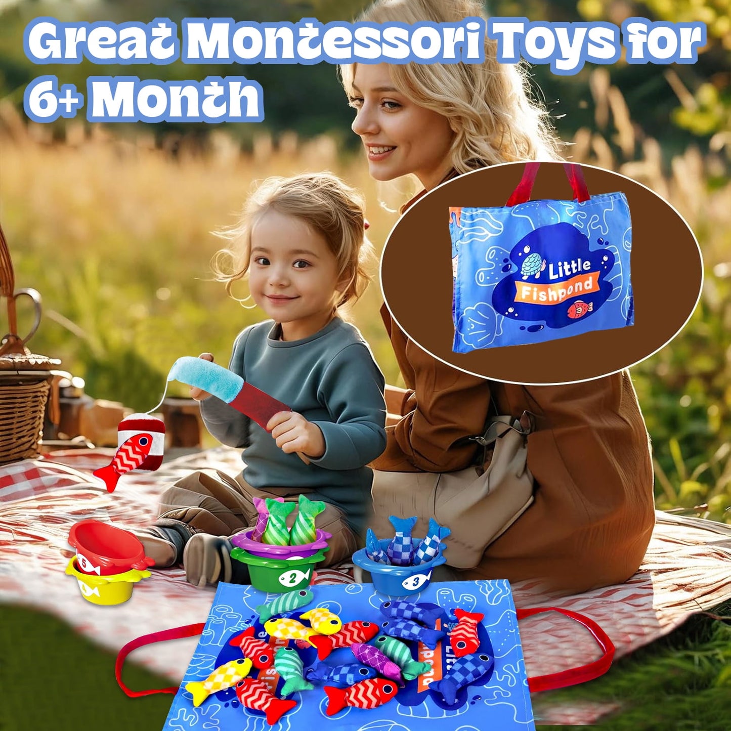 Montessori Toys for 1 Year Old Boy Girl, Cloth Fishing Game for Toddlers 1-3, Learning Toys, Baby Toys 6-12 Months