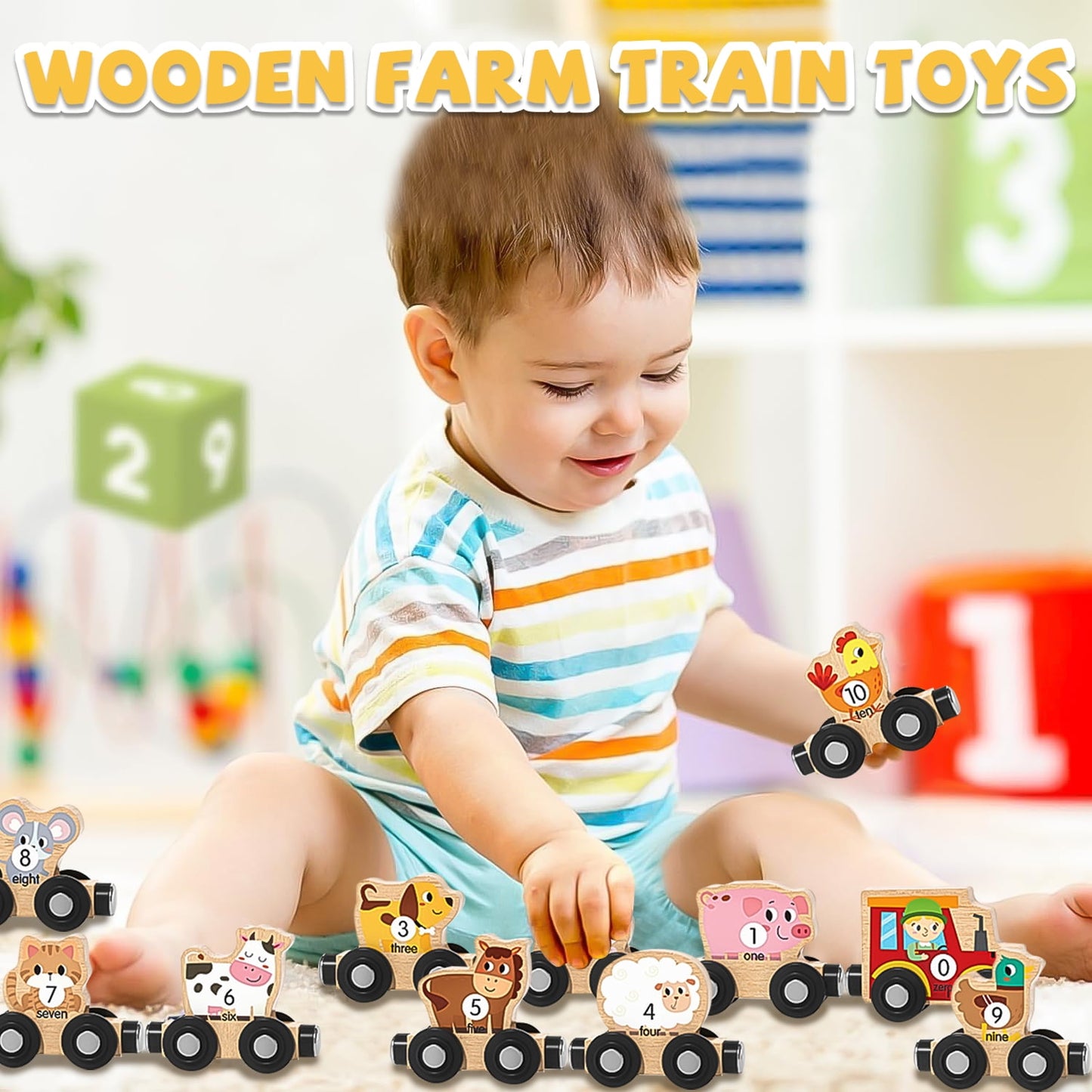 Toys for 1 2 3 Year Old Girls Boys, Wooden Farm Animals Train Set, Toddler Educational Toy, Montessori Learning Toys Ages 1-3