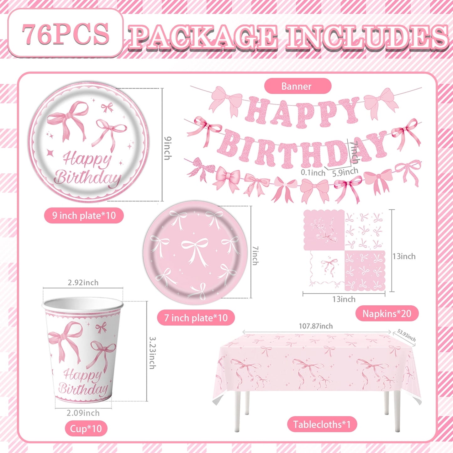 Pink Birthday Party Supplies, Pink Bow Party Decoration Kit Includes Plates Napkins Cups Banner Tablecloth for Coquette Birthday Decor