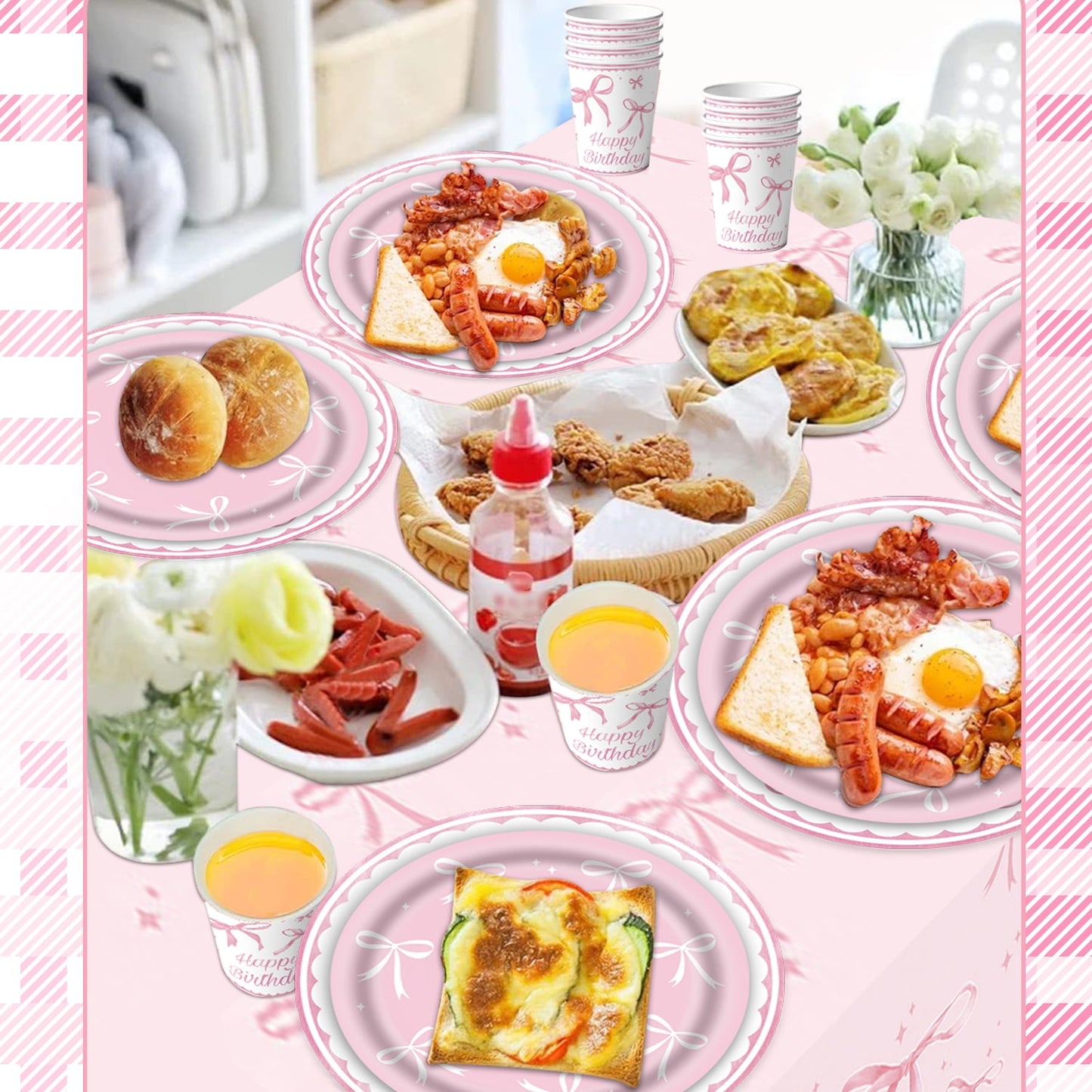 Pink Birthday Party Supplies, Pink Bow Party Decoration Kit Includes Plates Napkins Cups Banner Tablecloth for Coquette Birthday Decor