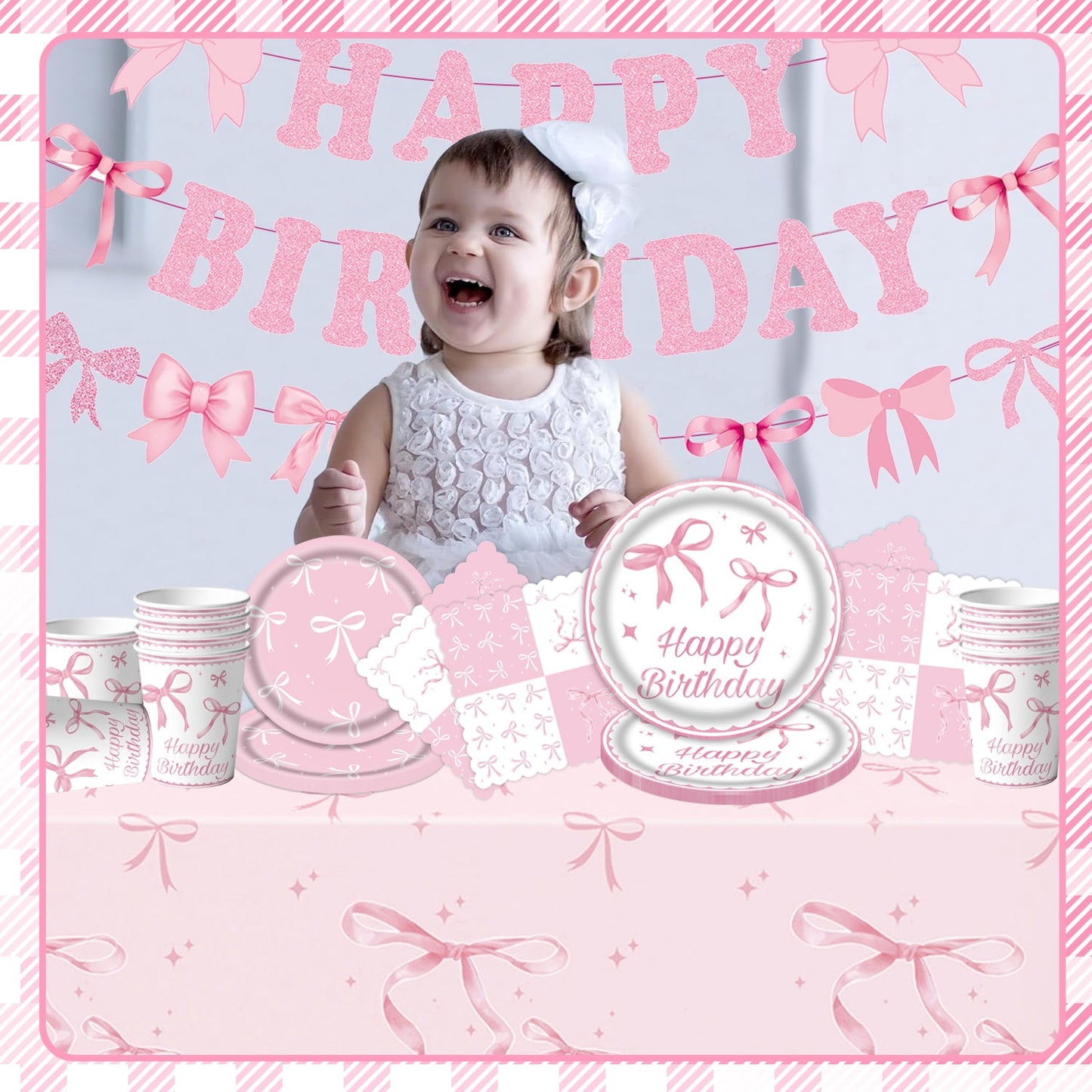 Pink Birthday Party Supplies, Pink Bow Party Decoration Kit Includes Plates Napkins Cups Banner Tablecloth for Coquette Birthday Decor