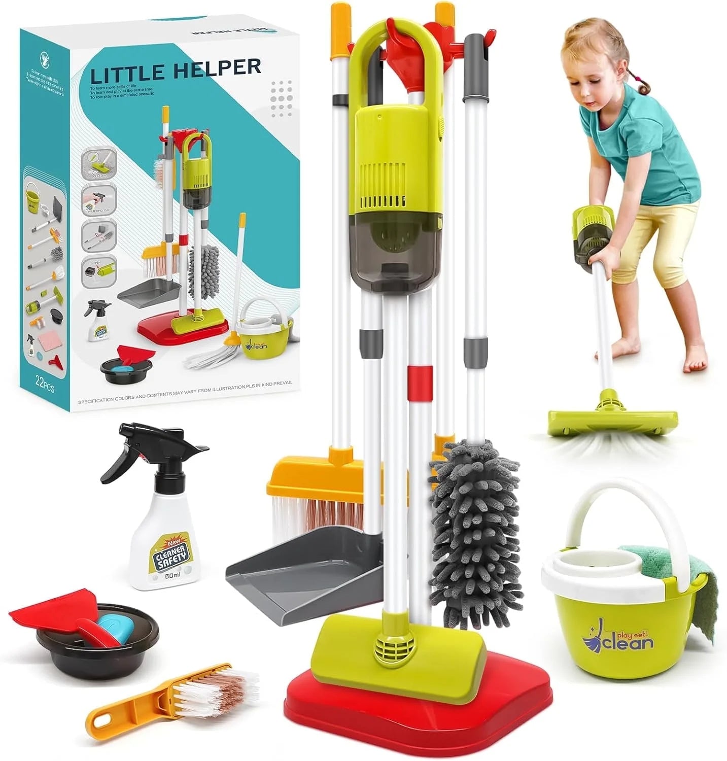 Toddler Cleaning Set - 14Pcs Kids Cleaning Toy Set with 2-in-1 Kids Vacuum That Really Works, Pretend Home Cleaning Play Set for Toddler Age 1-4, Christmas Birthday Gift for Girls Boys