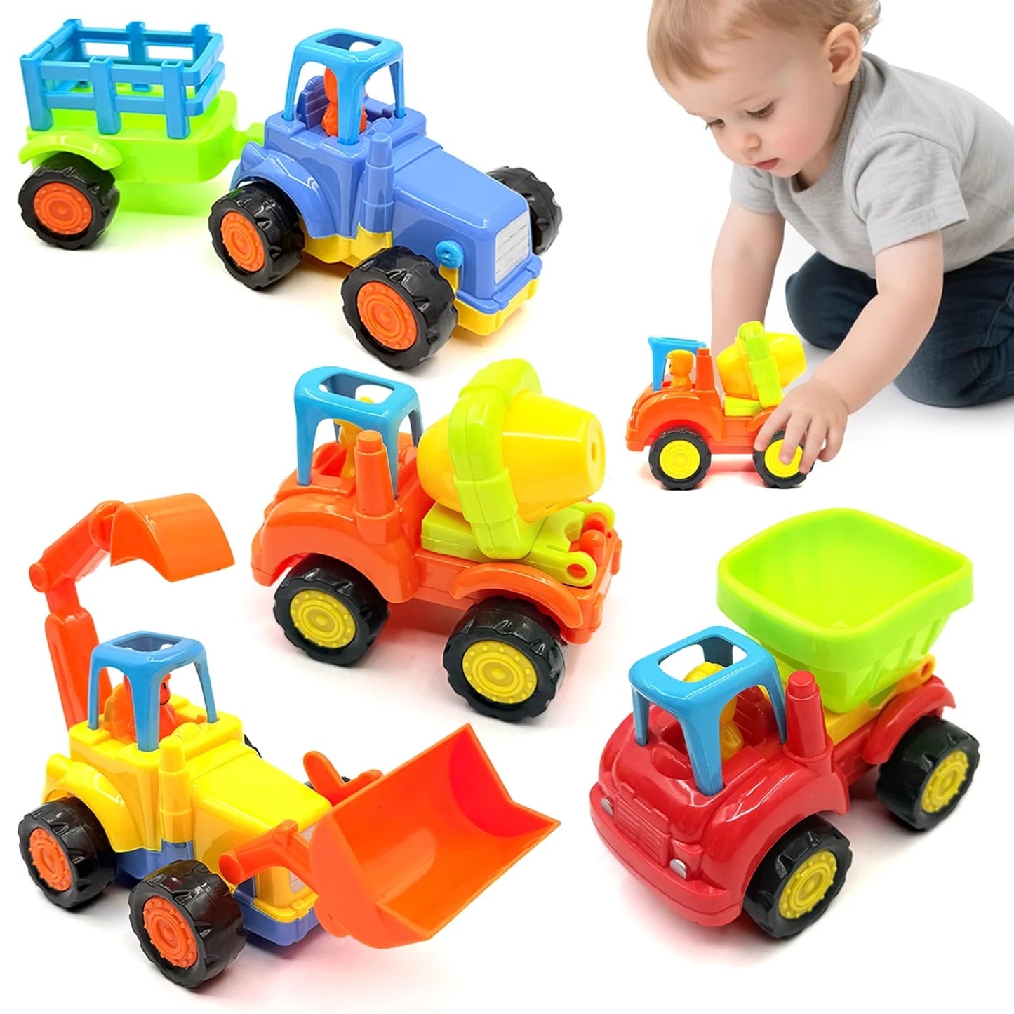 Friction Powered Toy Cars for Toddlers 1-3, 4 pack Construction Vehicles Toys Set, Early Educational Learning Toys for 1 2 3 Year Old Boys Girls, Birthday Gifts for Baby Kids