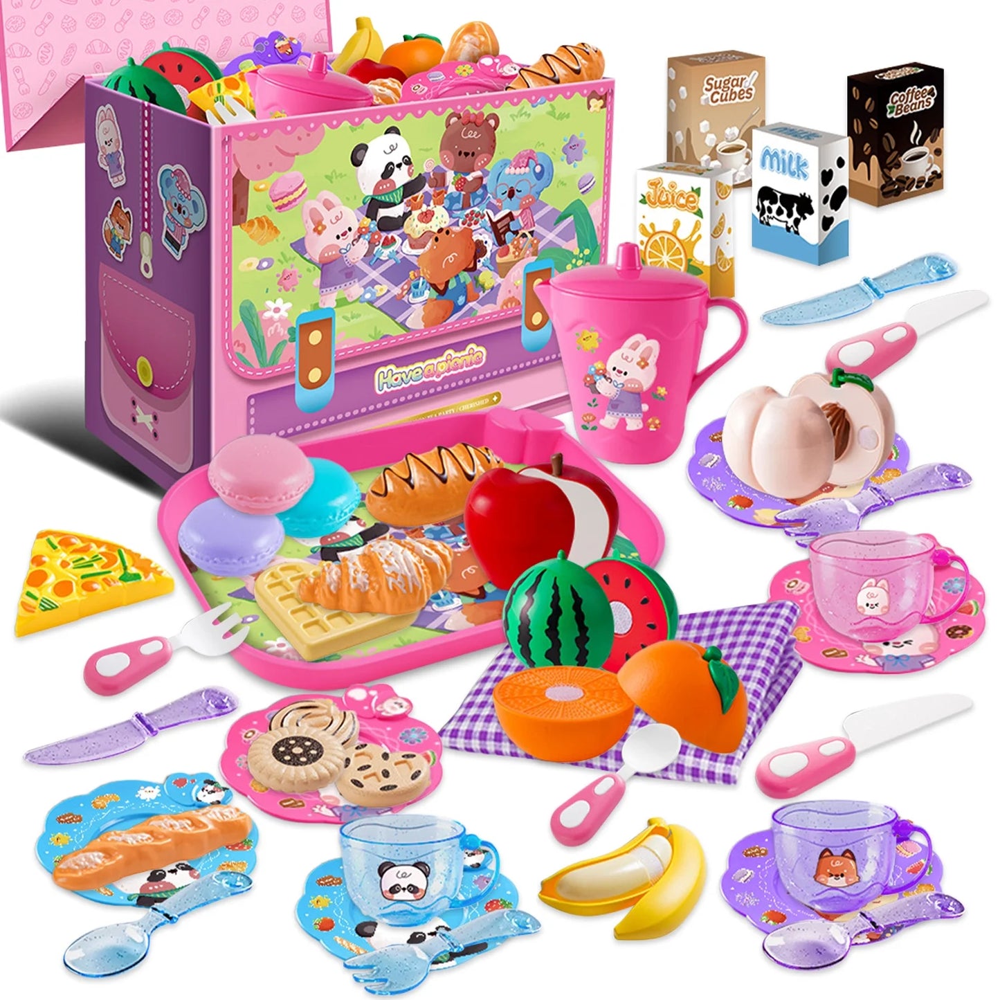 Sytle-Carry Tea Party Set for Little Girls, 43 Pcs Pretend Play Toy Picnic Basket, Toys for Toddler Girls 3-6 Years