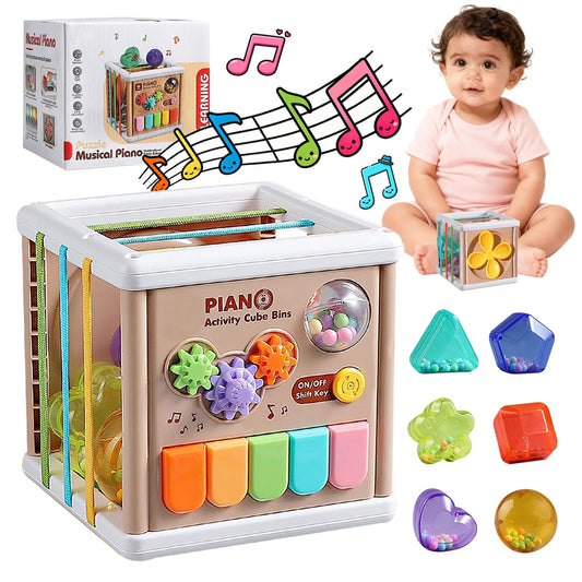 Montessori Toys for 1+ Year Old, Piano Cube & 6 Sensory Shape Blocks, Baby Toys 12-24 Months, Developmental Infant Birthday Gifts for Learning Toddler Age 1 2 3