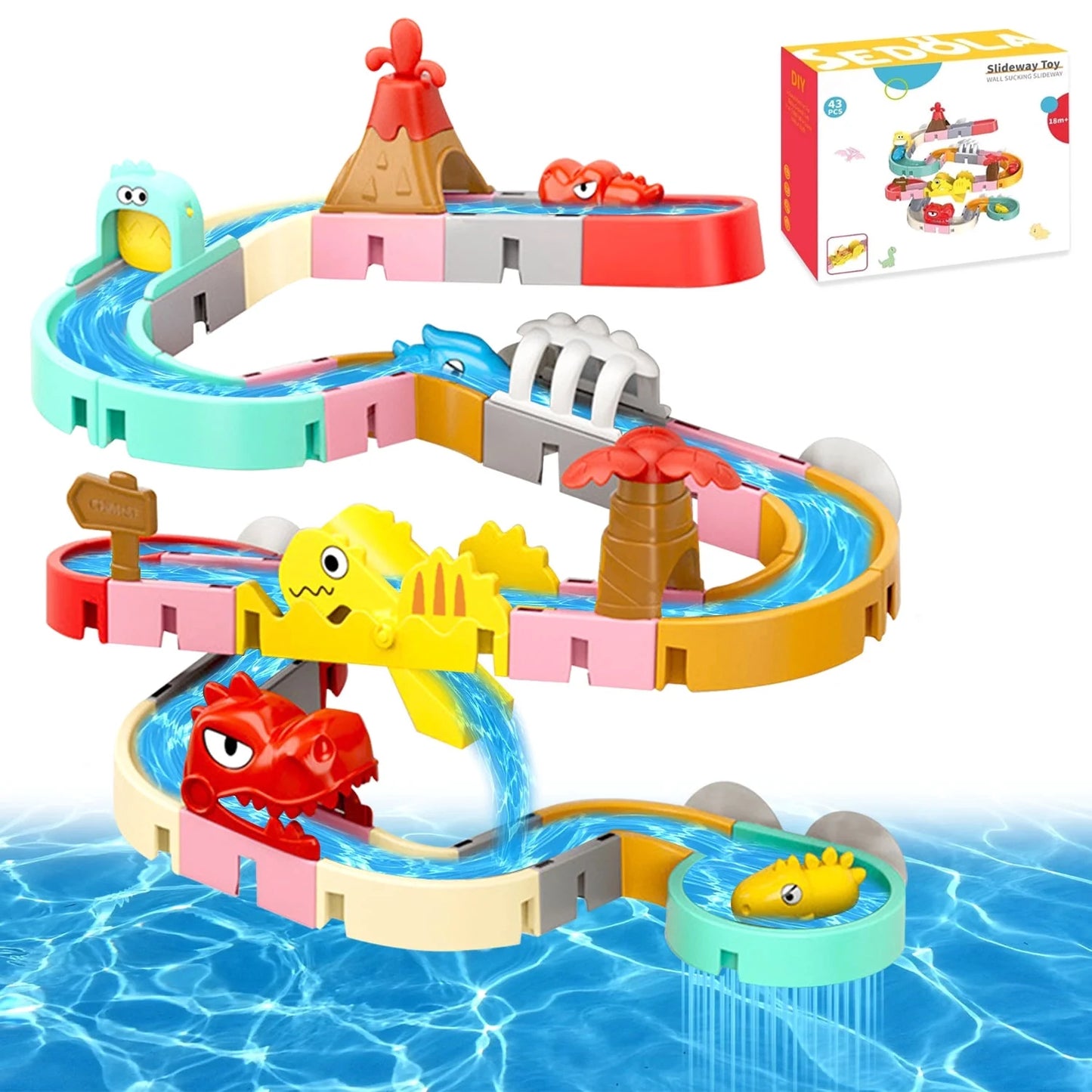 Bath Toys, Dinosaur Water Slide Building Track Toy for Toddlers 1-3, Bathtub Toys for Boys Girls, 43 Pcs
