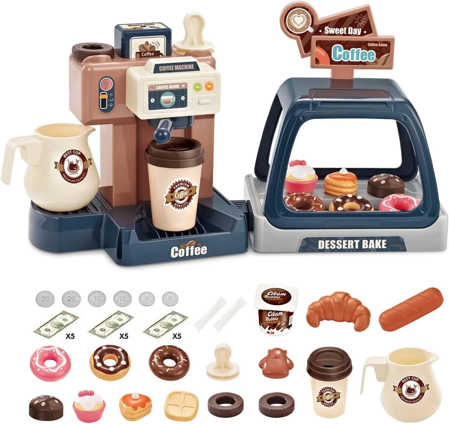 Tea Party Kids Coffee Maker Playset, Cash Register Pretend Play Kitchen Toys for Girls 3-6 Year