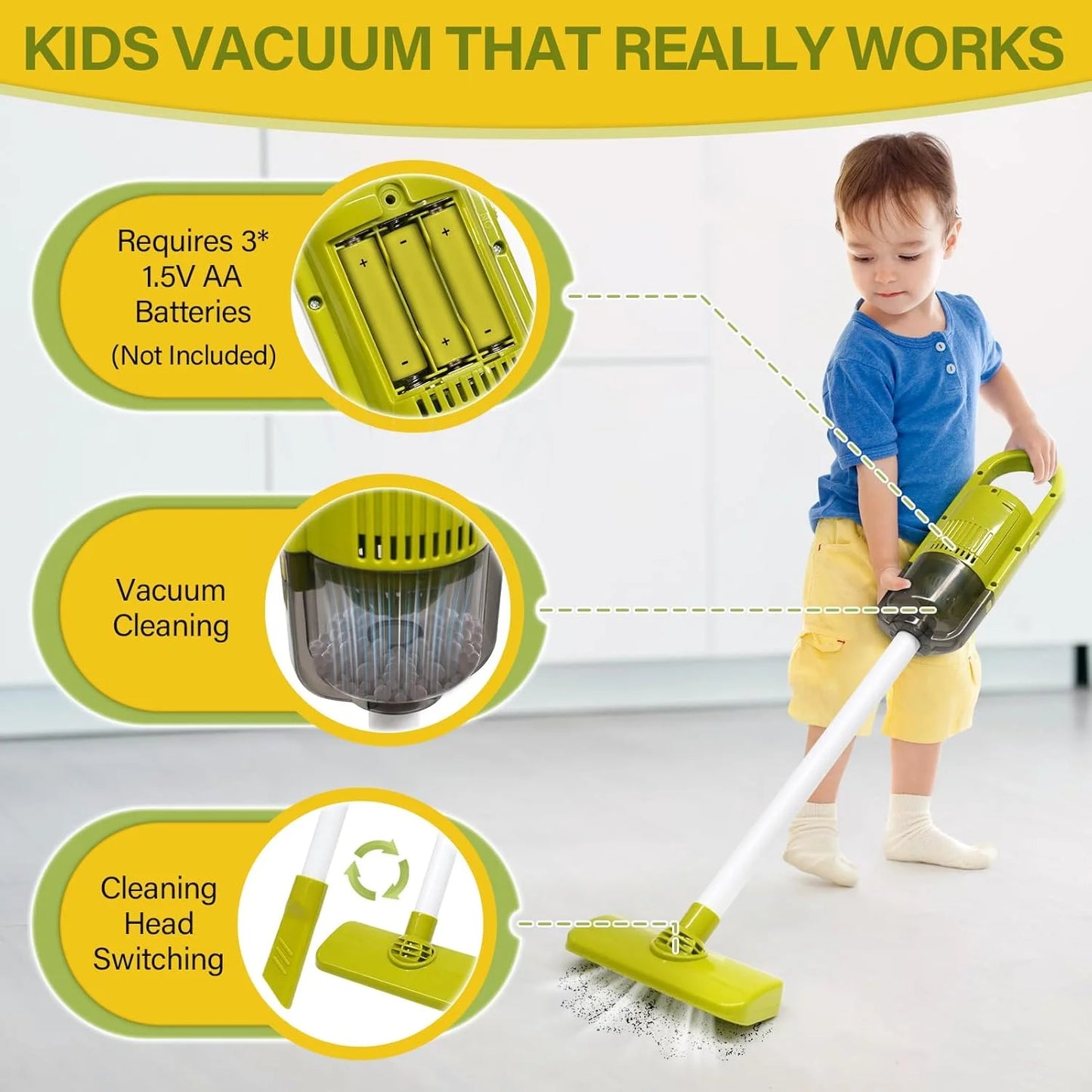 Toddler Cleaning Set - 14Pcs Kids Cleaning Toy Set with 2-in-1 Kids Vacuum That Really Works, Pretend Home Cleaning Play Set for Toddler Age 1-4, Christmas Birthday Gift for Girls Boys