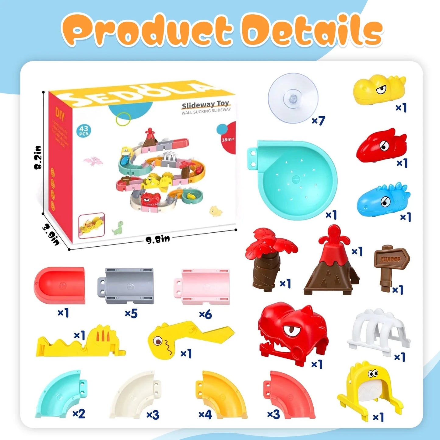 Bath Toys, Dinosaur Water Slide Building Track Toy for Toddlers 1-3, Bathtub Toys for Boys Girls, 43 Pcs