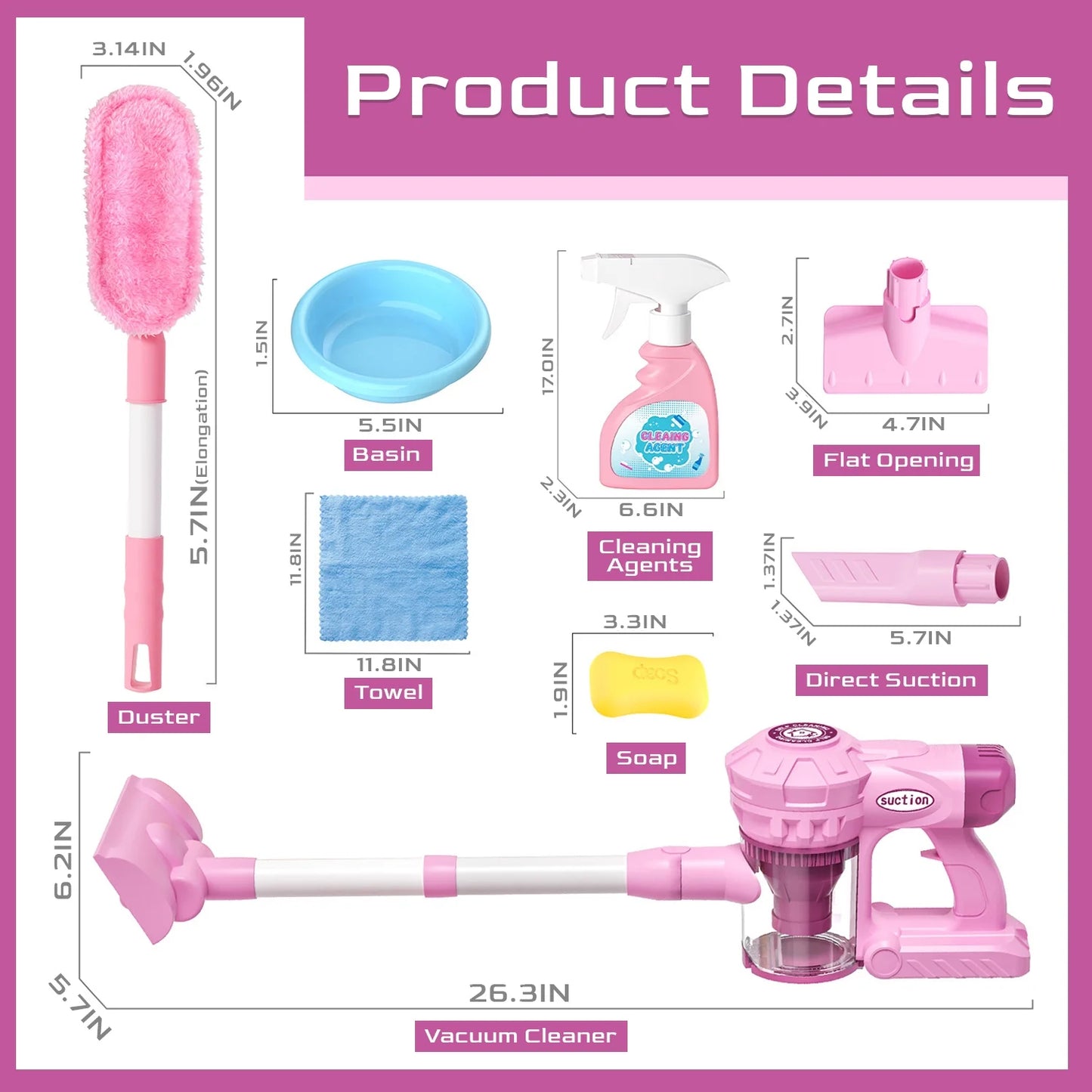Kids Cleaning Set, Toy Vacuum Cleaner for Kids with Real Suction Power, Pretend Play Toys for Girls 3 4 5 6 Year Old