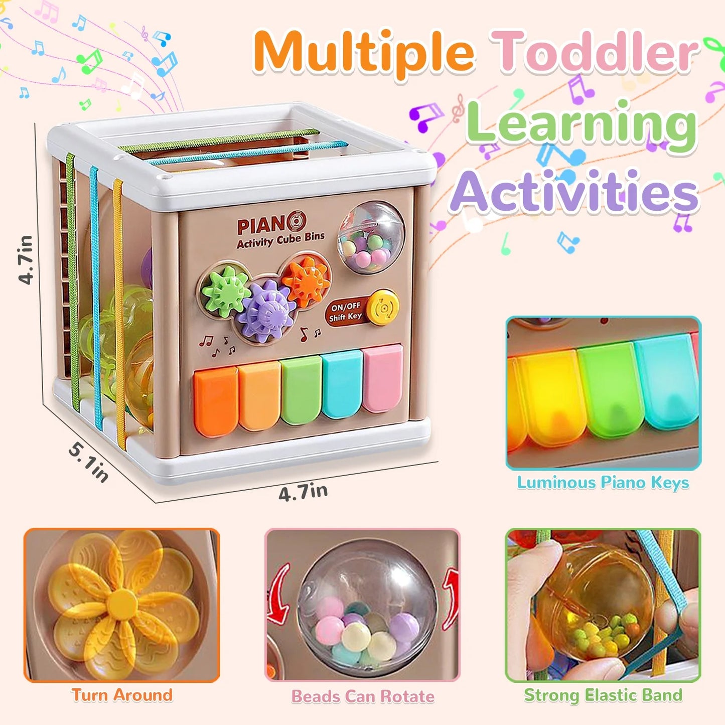 Montessori Toys for 1+ Year Old, Piano Cube & 6 Sensory Shape Blocks, Baby Toys 12-24 Months, Developmental Infant Birthday Gifts for Learning Toddler Age 1 2 3