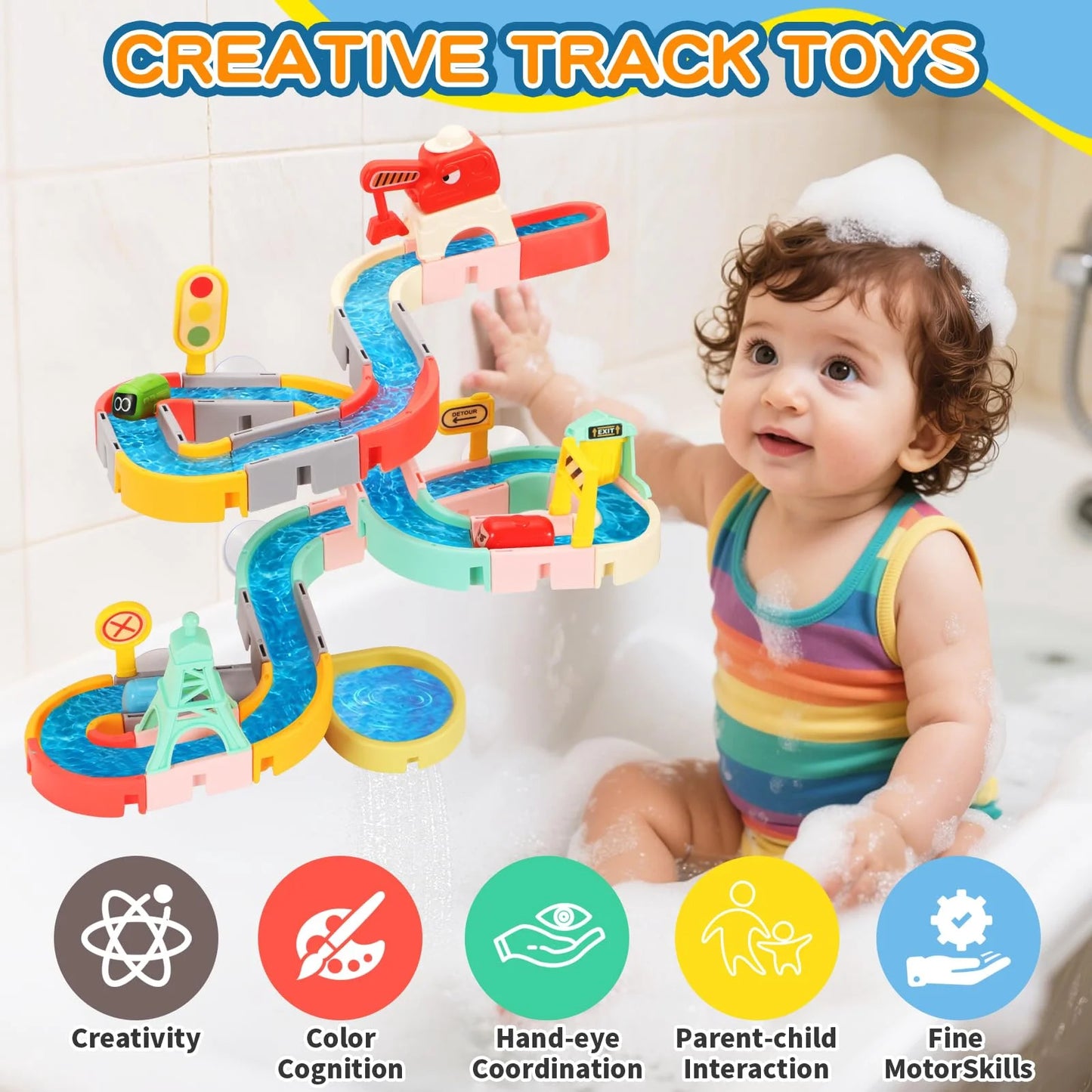 Bath Toys, Water Slide Building Track Toy for Toddlers 1-3, Bathtub Toys for Boys Girls, 47 Pcs