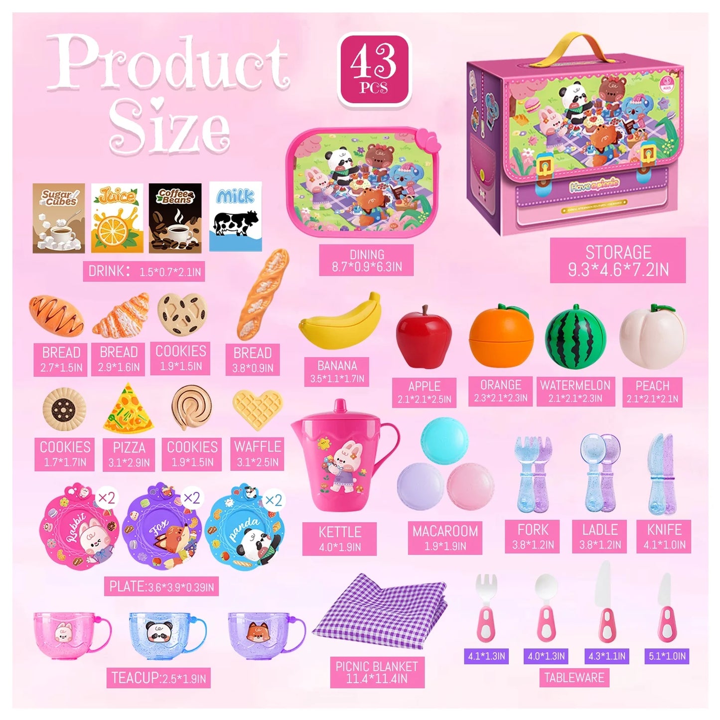 Sytle-Carry Tea Party Set for Little Girls, 43 Pcs Pretend Play Toy Picnic Basket, Toys for Toddler Girls 3-6 Years