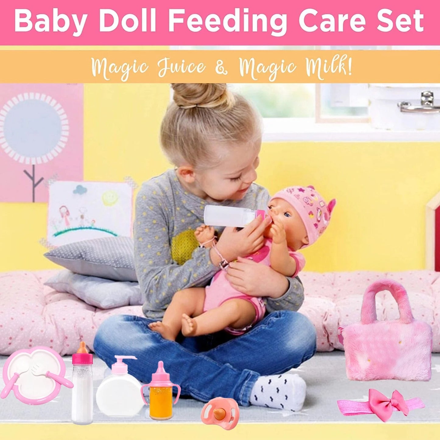 Baby Doll Accessories, Baby Doll Feeding and Caring Set, 15 Pieces
