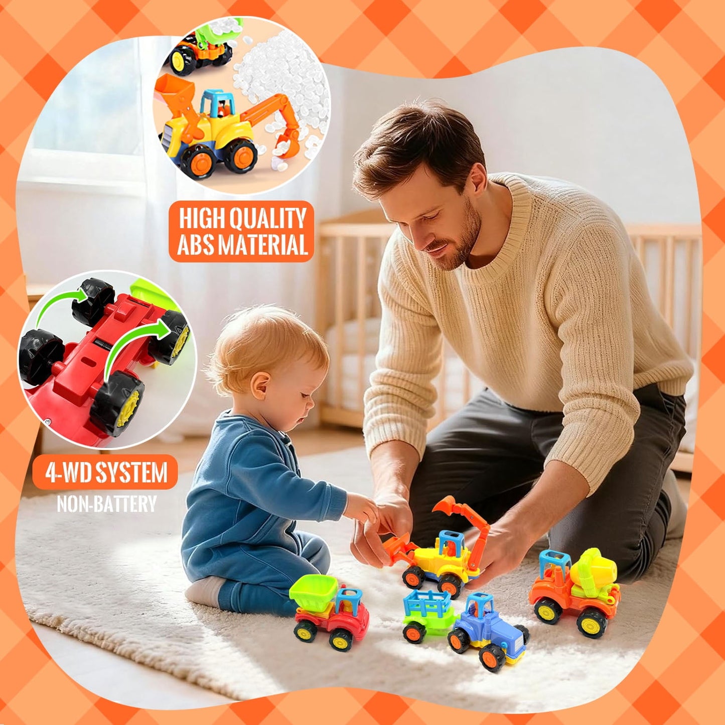 Friction Powered Toy Cars for Toddlers 1-3, 4 pack Construction Vehicles Toys Set, Early Educational Learning Toys for 1 2 3 Year Old Boys Girls, Birthday Gifts for Baby Kids
