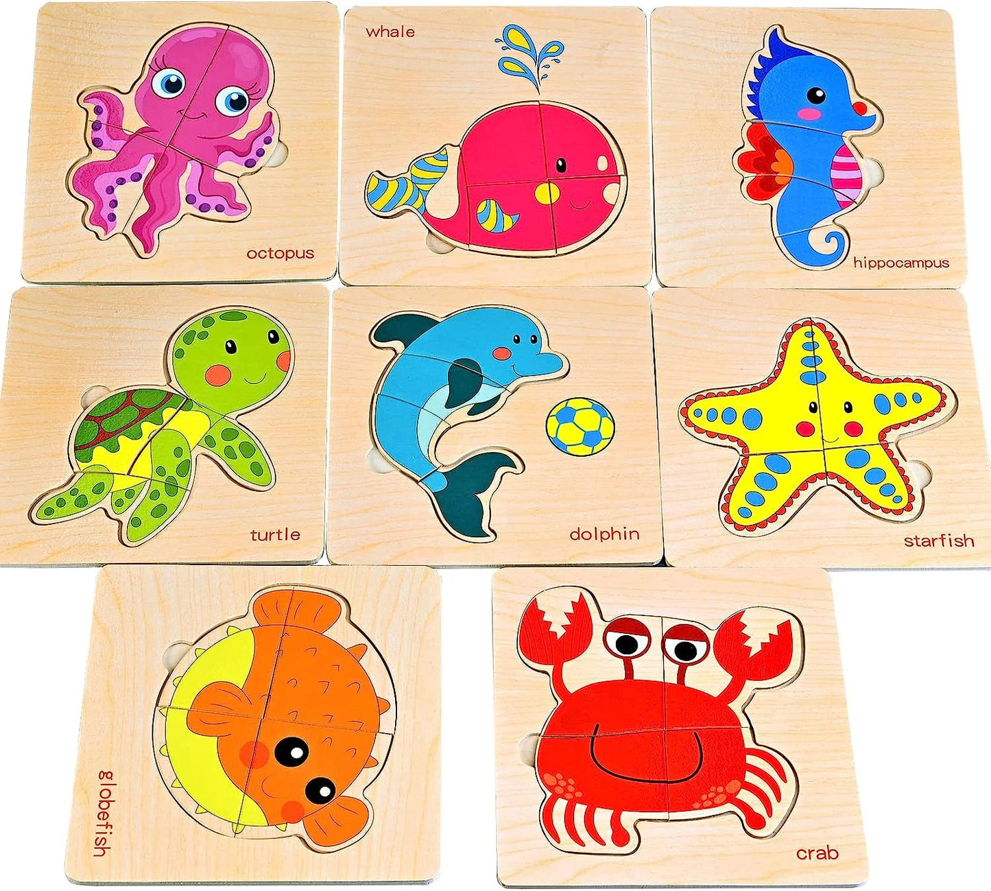8Pcs Wooden Puzzles for Toddlers 3, Sea Animal Puzzle for Kids, Montessori Toys for 3+ Years Girl Boy,