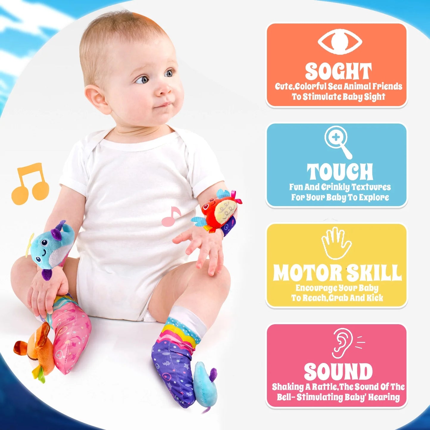 Baby Wrist Rattle Socks and Foot Finder Set, Perfect Baby Toys for 0-12 Months Newborn Infant Boys and Girls Shower Gifts